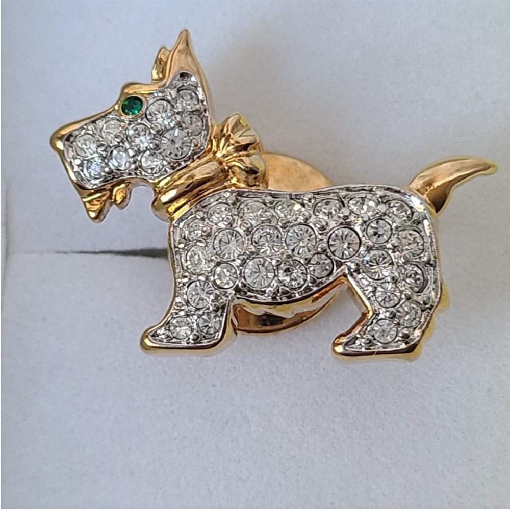 Vintage Swarovski Crystal Scottie Dog Pin with Green Eyes and Gold Collar.